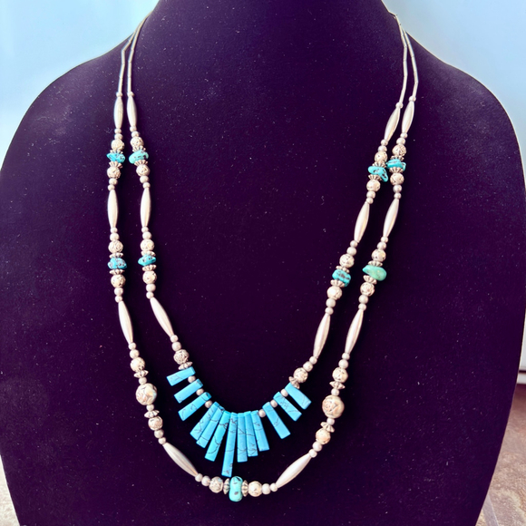 Native American Navajo Bead Turquoise Sterling Silver Two...